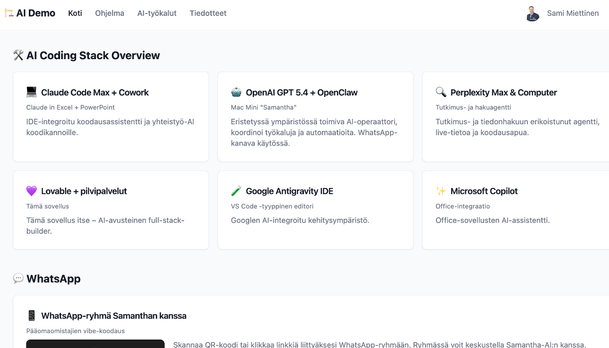 Työpajan työkalukatsaus, jossa näkyvät Claude, OpenClaw, Lovable ja Samanthan WhatsApp-ryhmä