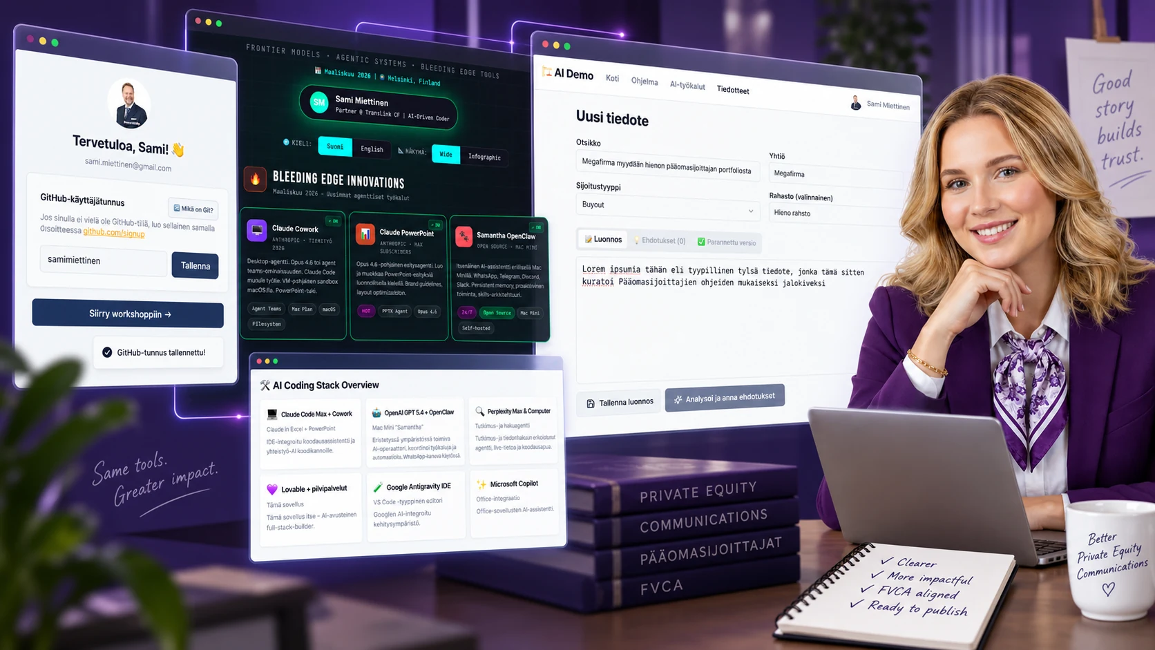 Työpajakollaasi: GitHub-perehdytys, maaliskuun 2026 tekoälytyökalut, tiedotteen parantaminen ja Samantha tietokoneellaan