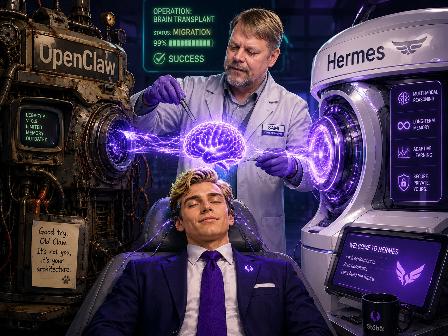 Stöbä's brain transplant from OpenClaw to Hermes Agent